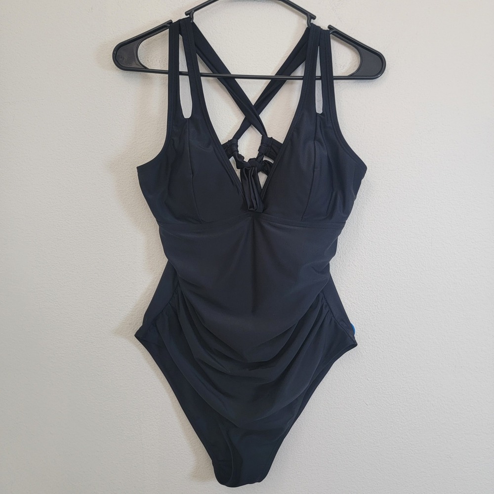 Solid Black Ruched One Piece Swimsuit Strappy Crisscross Back V-Neck Swimwear